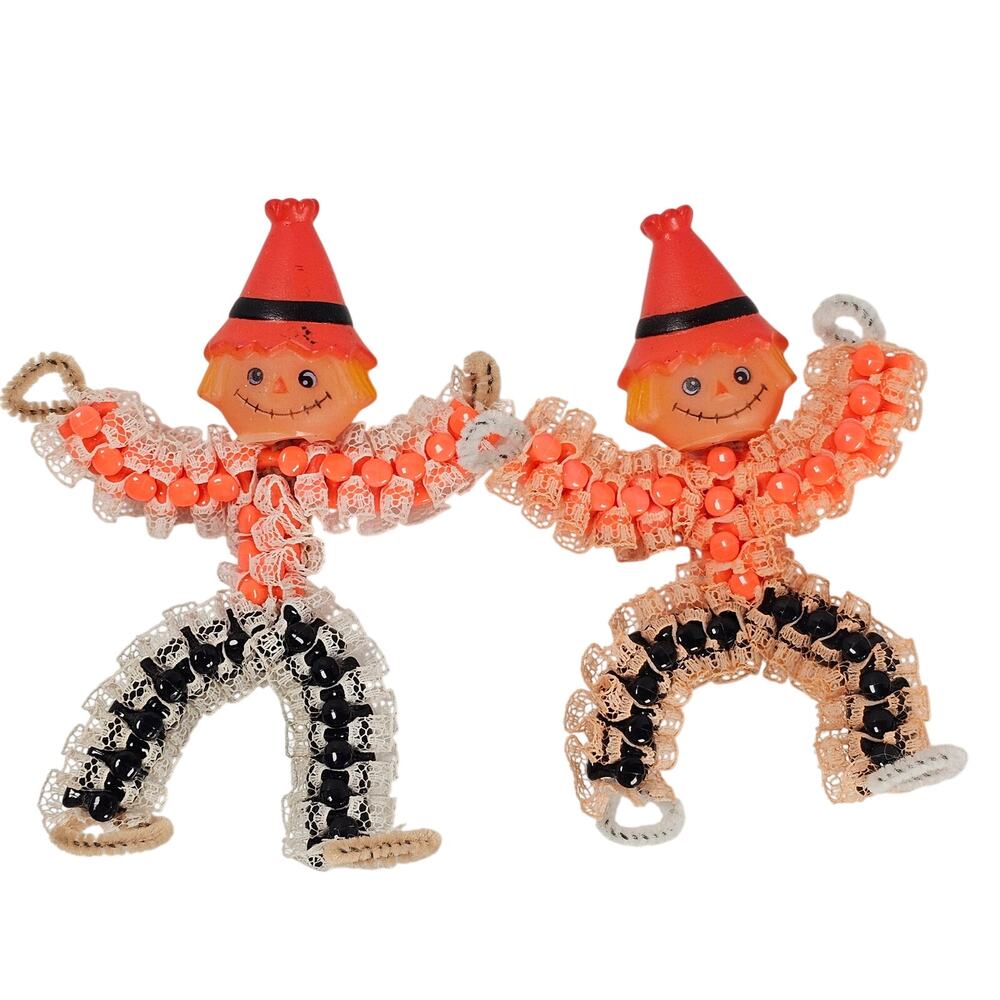 Vintage Halloween Beaded Scarecrow Ornaments Lot of 2 Handmade Pipe Cleaner